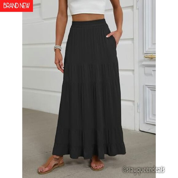 Maxi Skirt Elastic High Waist Tiered A-Line Flowy Boho Long - Picture 3 of 8